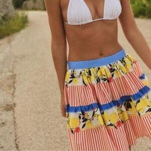 Zara Yellow Floral & Blue Trim Tiered A-Line Skirt